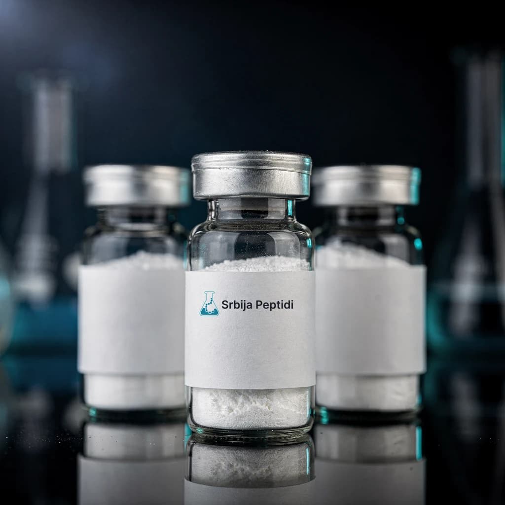 Bočice liofilizovanih peptida na tamnoj laboratorijskoj površini